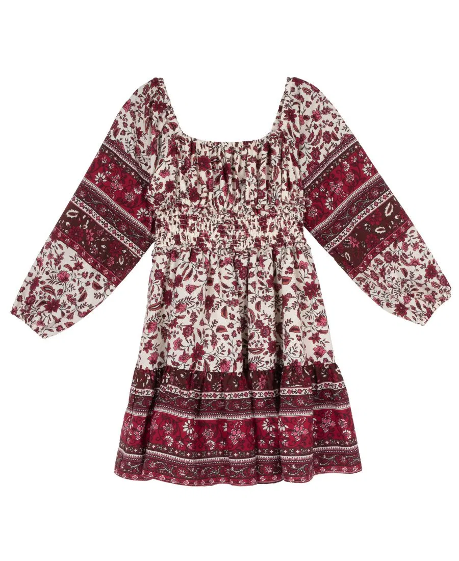 Платье с запахом и принтом, модель Smocked Waist Long-Sleeve Rare Editions, Burgundy
