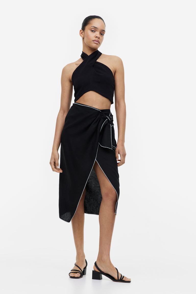 Юбка с запахом спереди из смеси льна H&M, черный