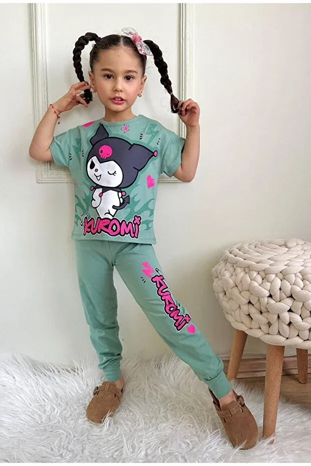 Детский для девочек спортивный костюм с принтом Kuromi patterned green tracksuit short suit Yağmur Giyim, Green-81360