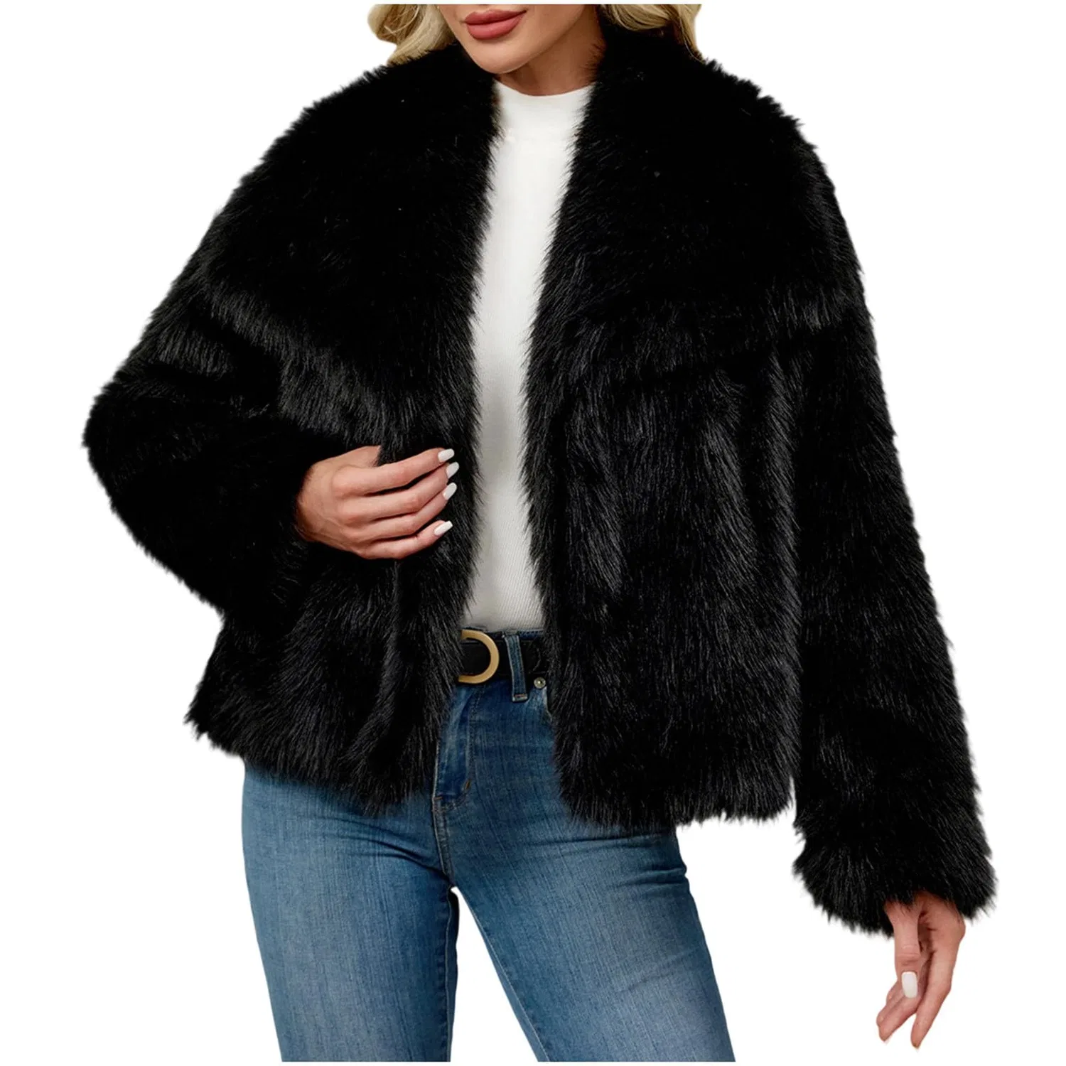Женское пальто с длинным рукавом Winter Coats Women UK Short Faux Fur Jacket, B nero