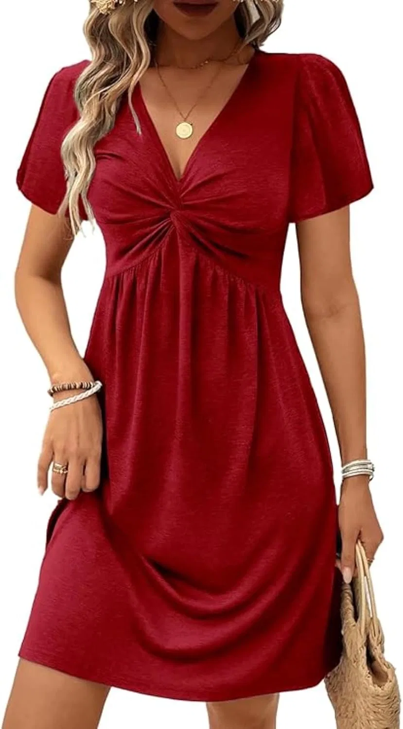 Женское платье с V-образным вырезом и скрученным передом Casual, Red