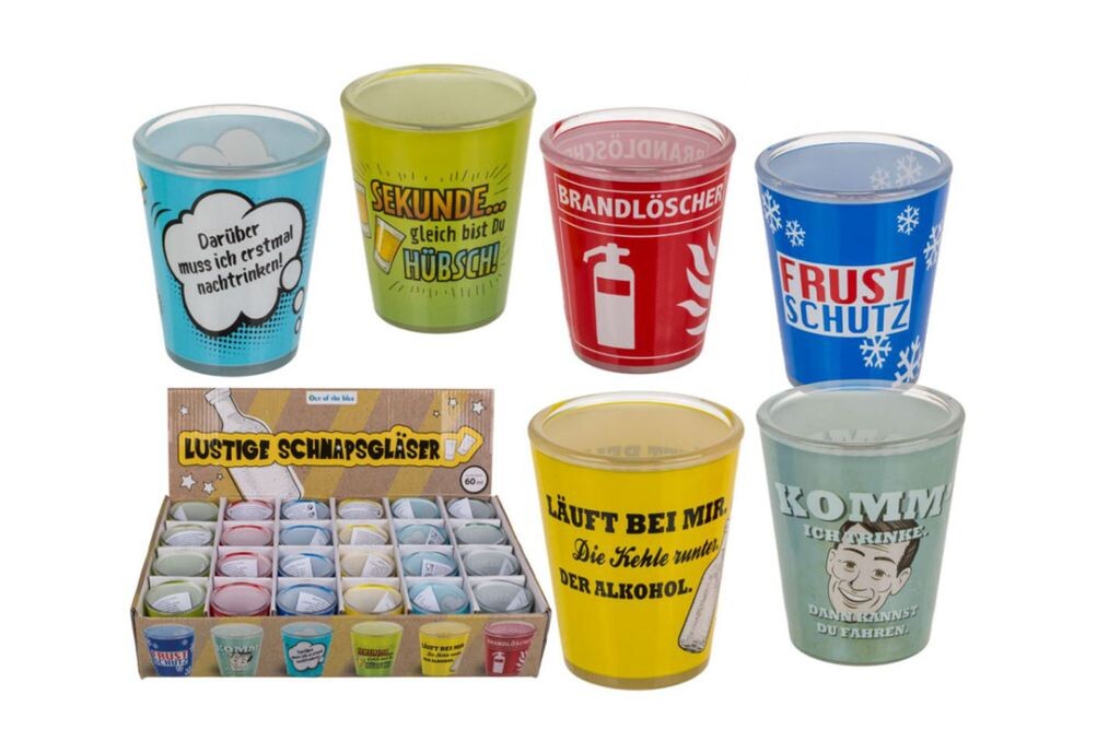 

Рюмки Shooter Stamper рюмки для вечеринок 50 мл с забавными надписями 24 шт. в ассортименте 6 разных цветов EuroDiscount