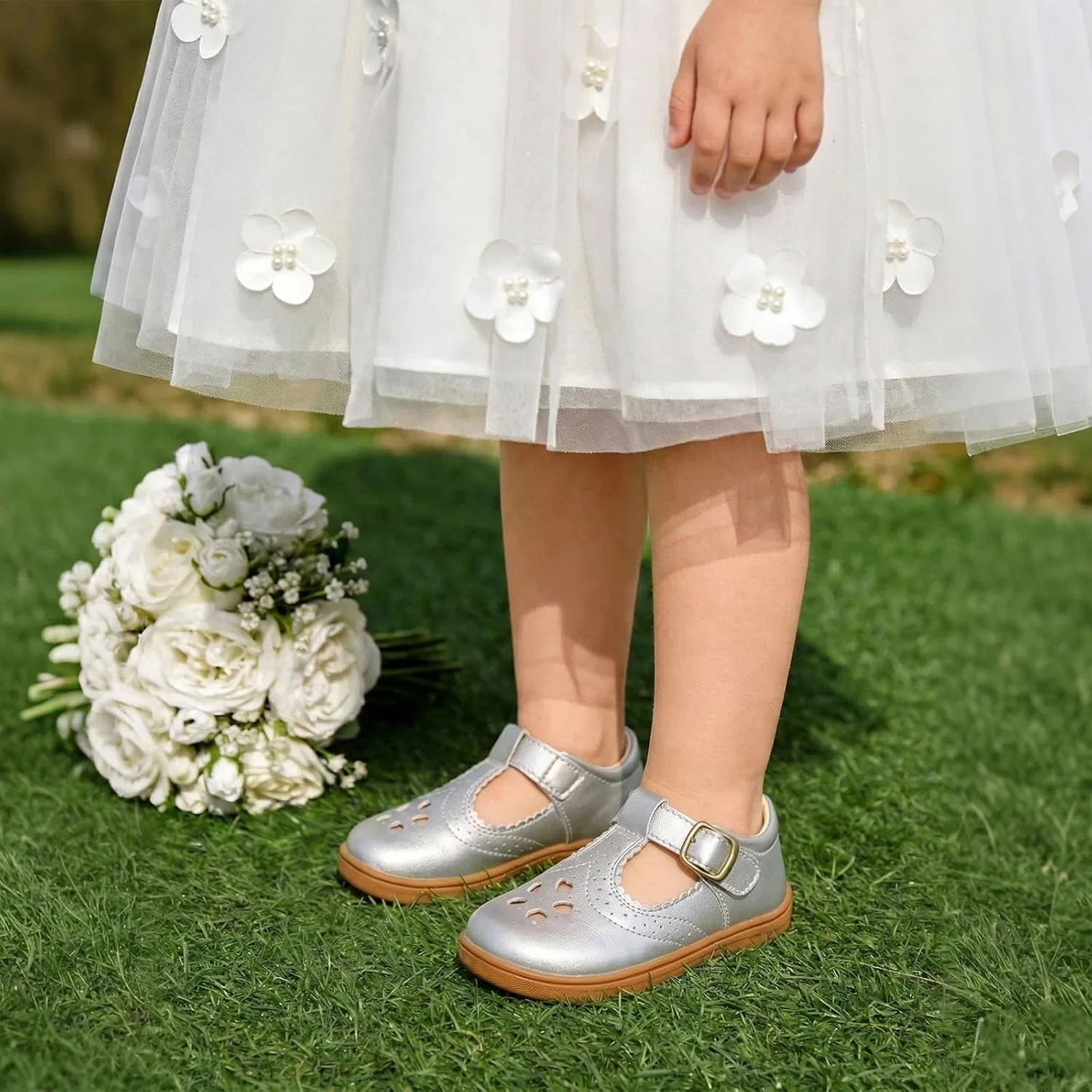 Детские туфли для девочек с широким носком Mary Jane Flats LeIsfIt, Silvery — фото 2