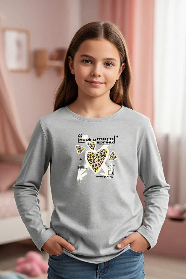 Детские свитшот для девочек с принтом Round Neck Heart Printed Detail Ya Ko Kids, Gray