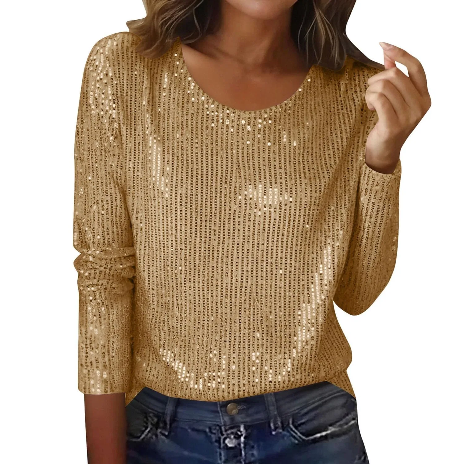 Женская блестящая блузка с длинным рукавом Sequin Tops, 1b-gold