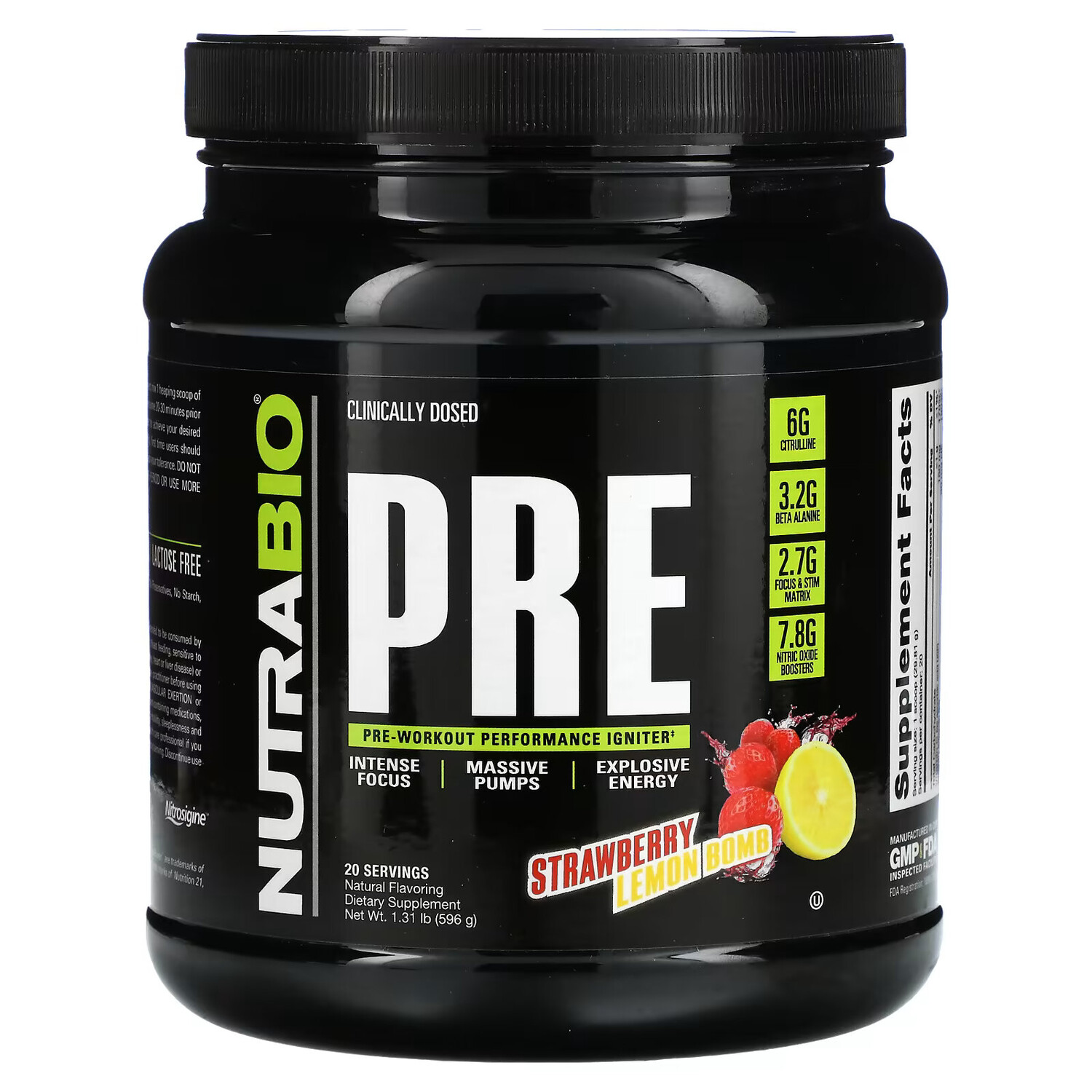

NutraBio Labs, Предтренировочный комплекс, клубника и лимон, 596 г (1,31 фунта)