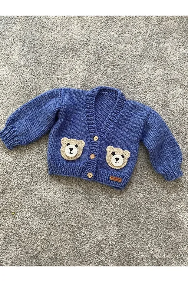Детский кардиган с принтом Hand Knitted Cute Teddy Bear Detailed Boy's Cardigan Nevalin, Navy Blue — фото 2