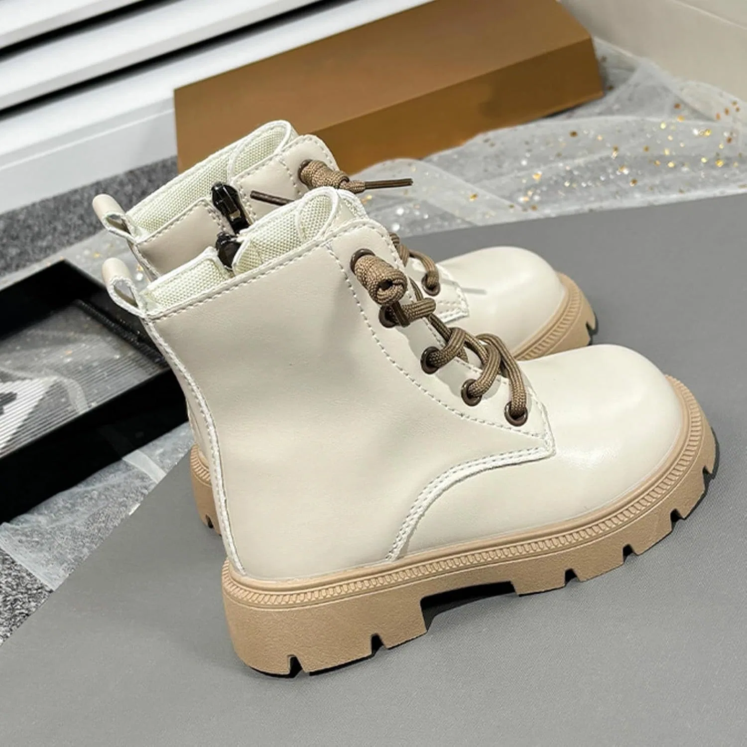 Детские белые ботинки на молнии и шнуровке для девочек, Beige — фото 4