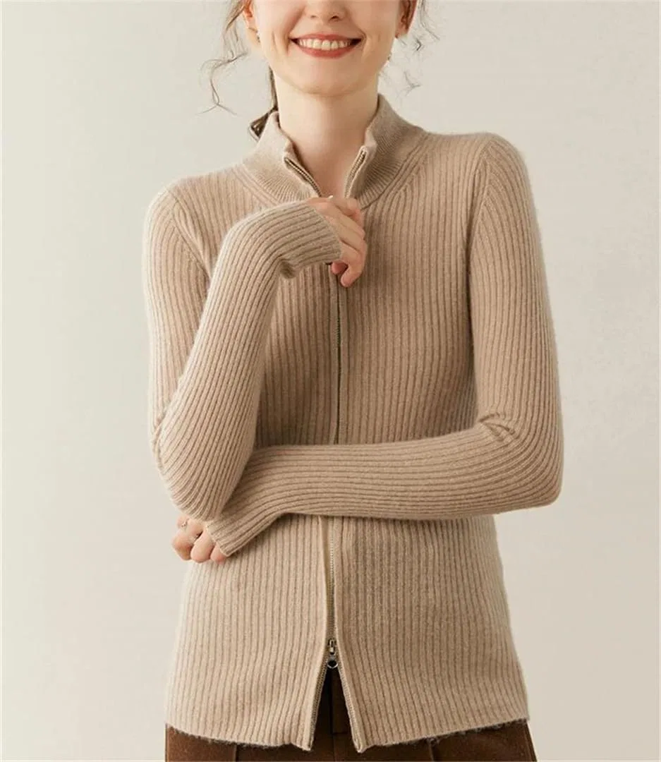 Женский кардиган на молнии с длинным рукавом, Warm Knitwear Slim Fit, тёмно-серый — фото 4