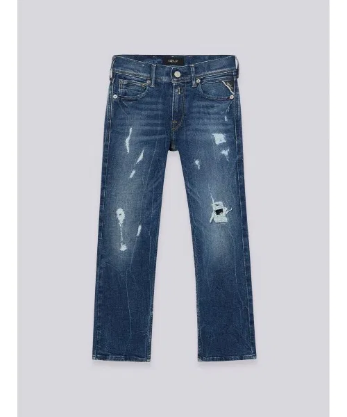 Детские джинсы regular fit из денима с потертостями и заплатками REPLAY, Blue