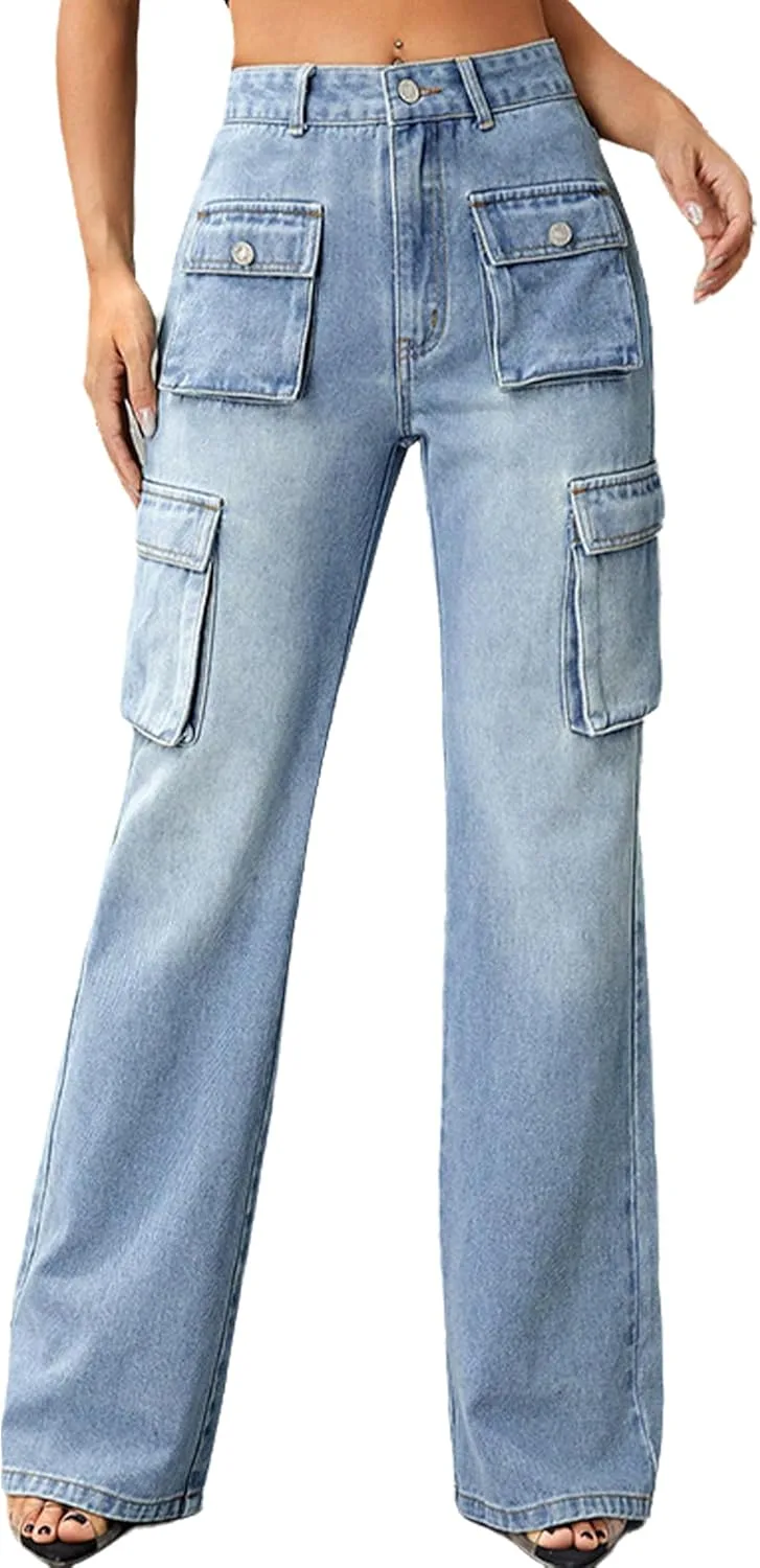 

Женские джинсы карго с высокой талией, мешковатые, широкие, с 6 карманами Xadsfeel