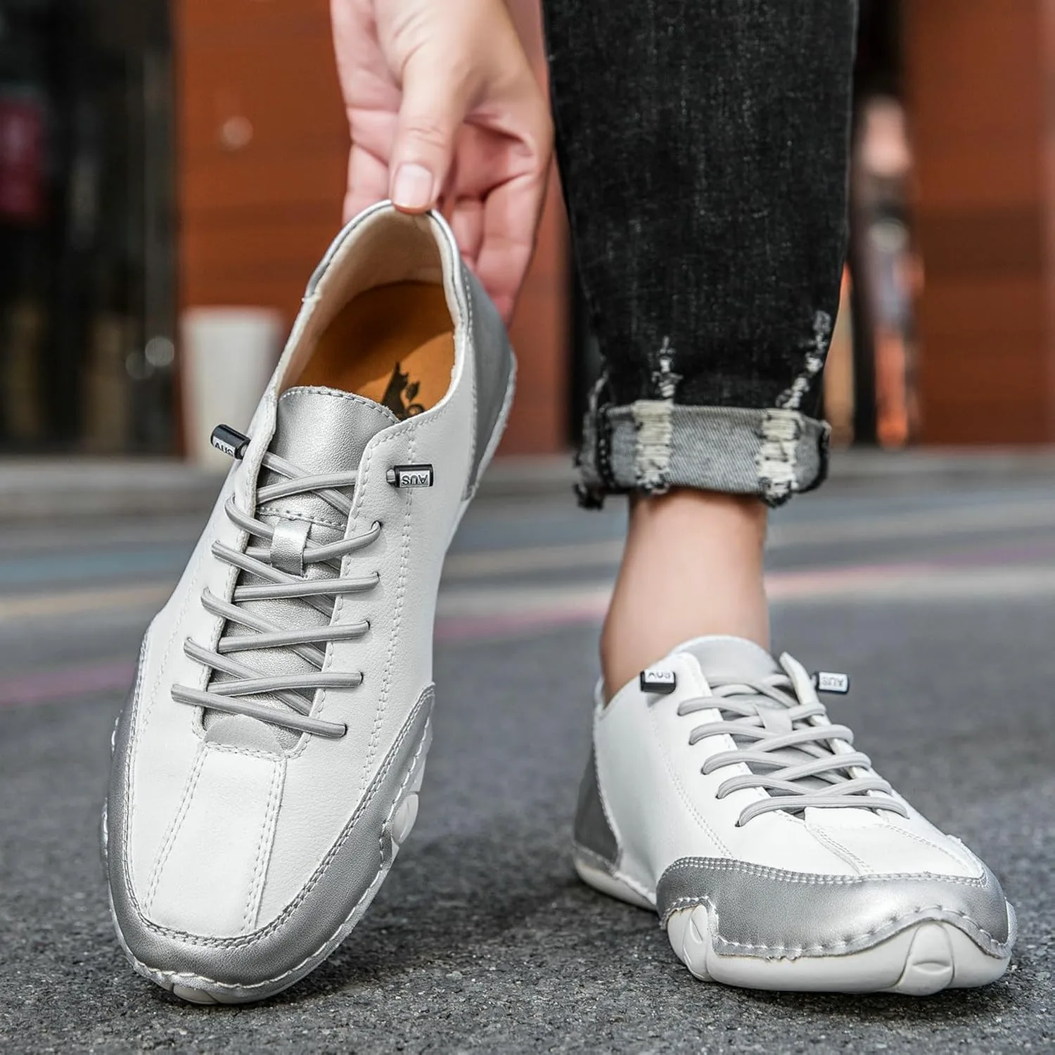 Мужские и женские туфли для вождения, модные кожаные туфли Beck с поддержкой свода стопы, легкие ретро кроссовки на платформе, удобная обувь для прогулок на улице, спортивные кроссовки для пеших прогулок LGHLMCL, серебряный — фото 3