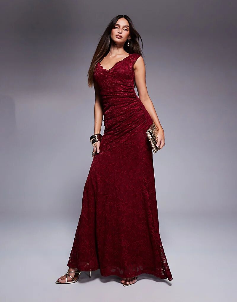 

Платье макси Goddiva с открытыми плечами и фестончатым вырезом, винного цвета