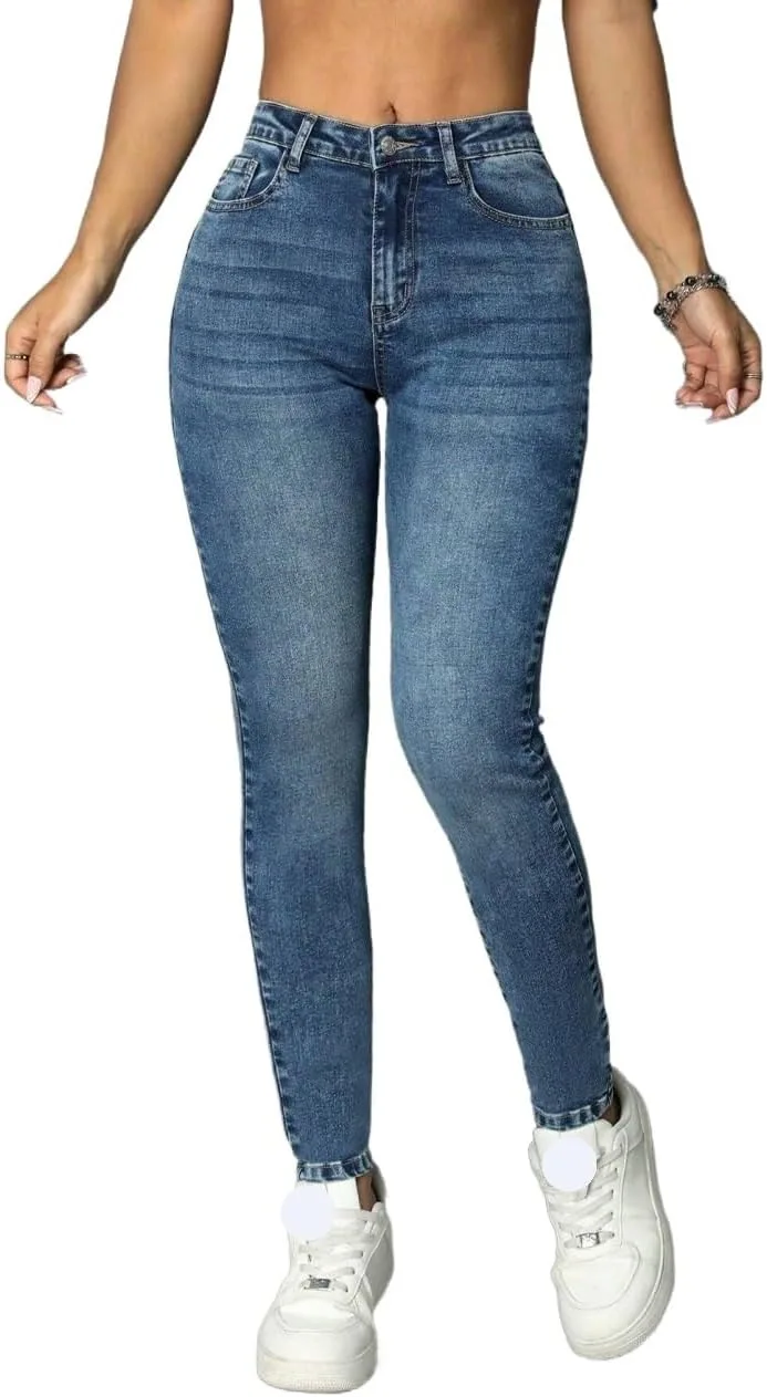 Женские джинсы Casual Slimming Fit с подкладкой и карманами, деним, осень-зима, мода 2025 Generic, Medium Wash