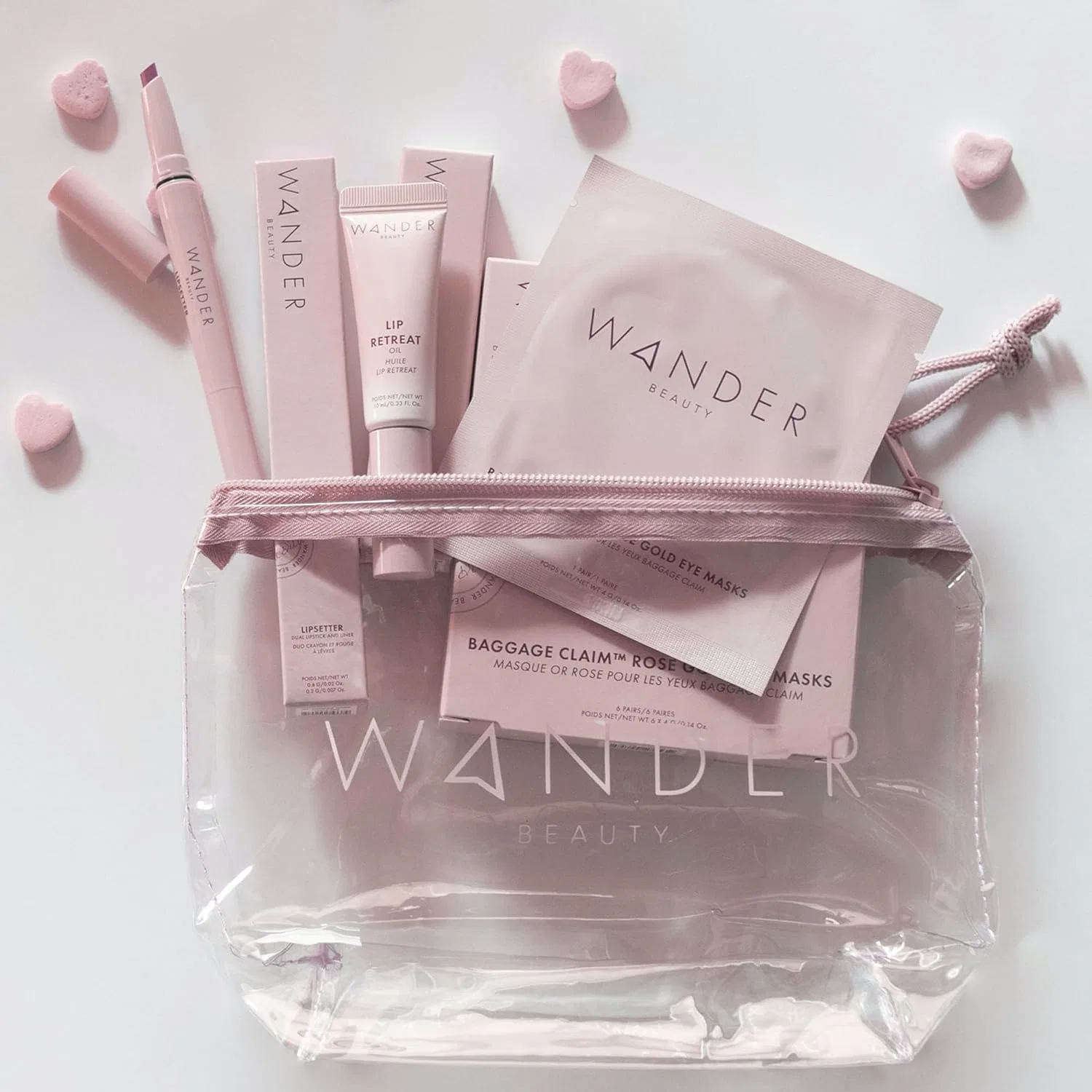 Набор косметики Wander Beauty Love at First Flight с розово-золотой маской для глаз, губной помадой и блеском, 8 предметов — фото 2