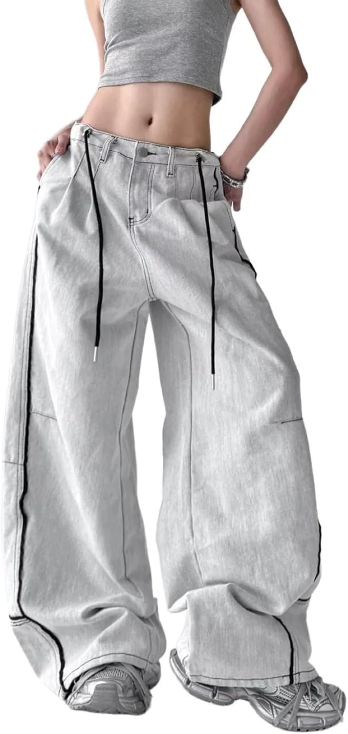 Женские широкие джинсы-бойфренды в стиле хип-хоп с цветовыми блоками и полосками. Generic, серый