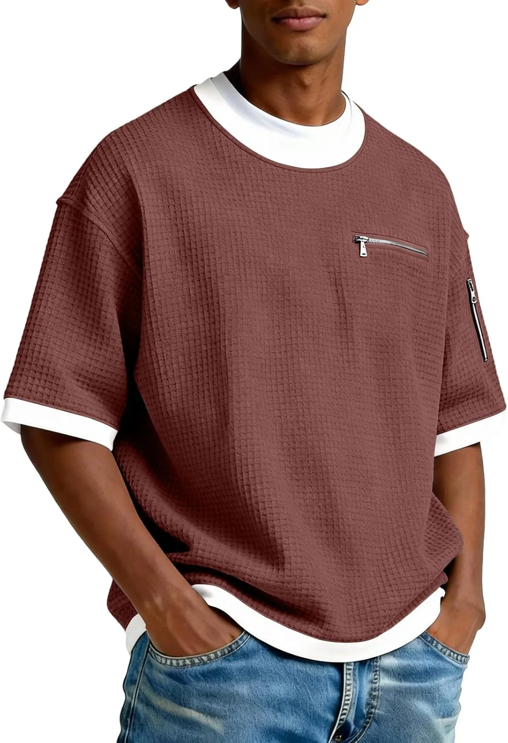 

Футболка для мужчин Waffle с коротким рукавом и карманом на молнии hayudier