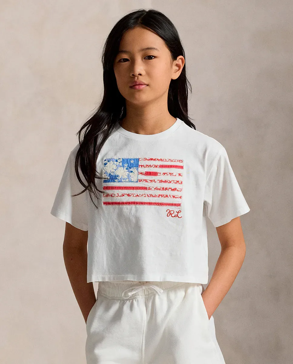 Детская трикотажная футболка из хлопка с флагом Polo Ralph Lauren, белый