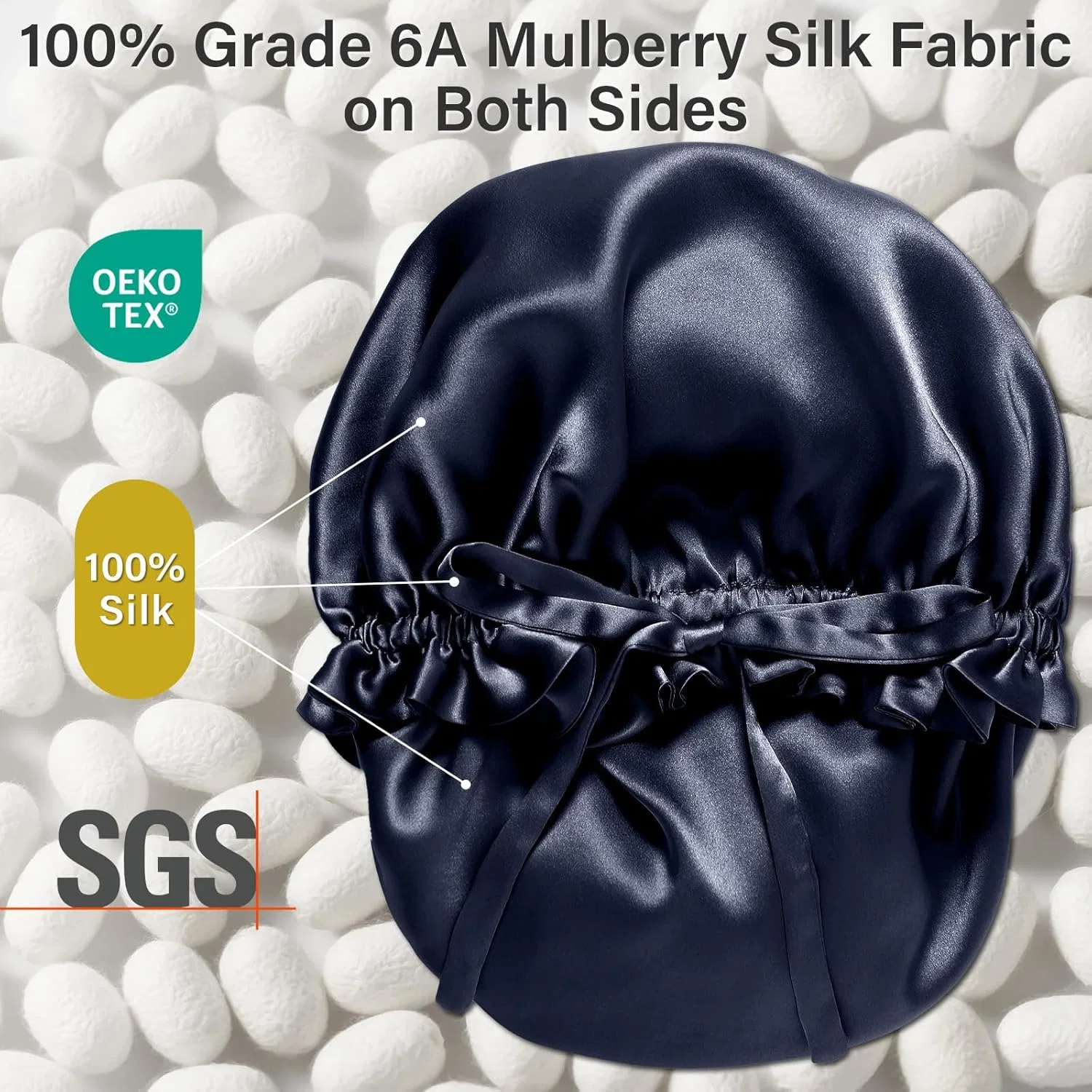 Женская шапочка для сна «100% Mulberry Silk Hat» от ZimaSilk Zimasilk, Navy — фото 2