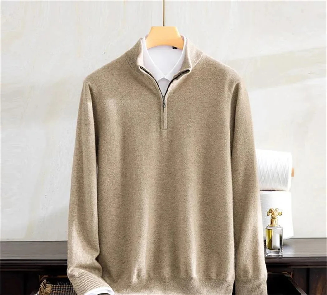 

Мужской шерстяной свитер с полузастежкой и воротником стойкой