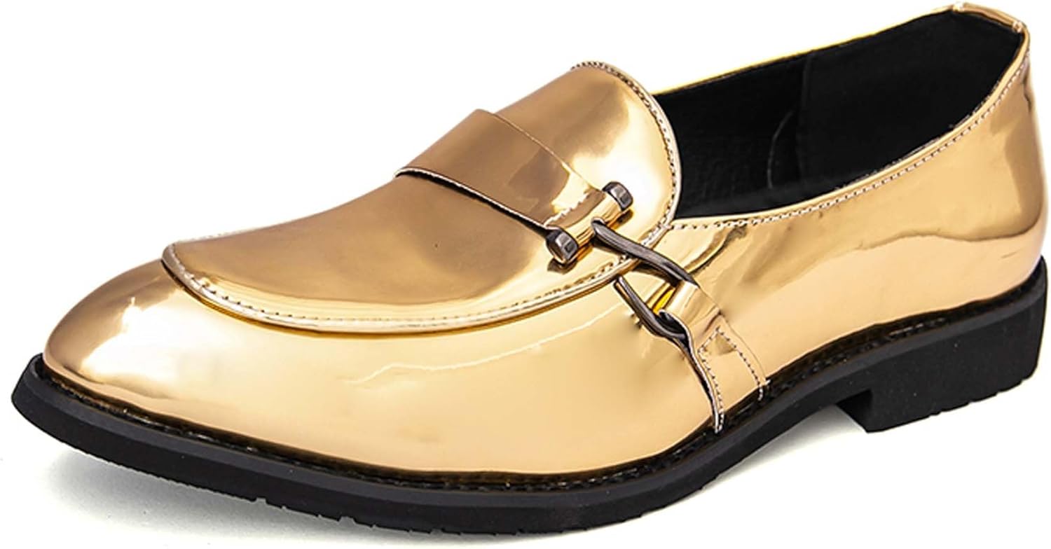 

Мужские лоферы из лакированной кожи с модным заостренным носком, глянцевые, деловые повседневные туфли, противоскользящие, для свадьбы, танцев, вечеринок, клуба, униформа, кожаные туфли Generic, золотой