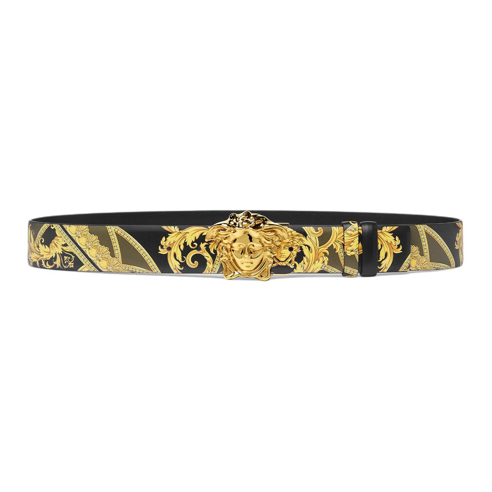 

VERSACE Мужской кожаный ремень с узором барокко и гладкой пряжкой, Black