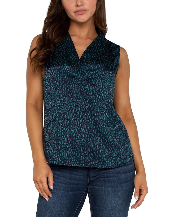 

Рубашка Liverpool Los Angeles Sleeveless Pleated Neck Woven Blouse Animal Jacquard Shirting, цвет Navy Malachite Dot