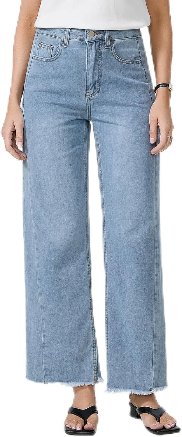 

MARIASHA Женские джинсы с высокой талией и широкими штанинами Raw Hem Zimbaplatinum Denim Relaxed Fit