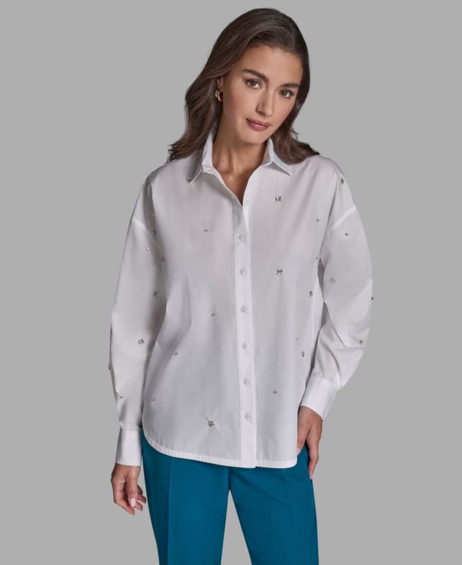 

Женская блузка с воротником на пуговицах и стразами BCBG, White