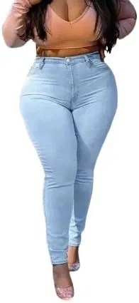 Generic Женские джинсы Plus Size Skinny - Light Blue, высокоэластичные полноразмерные, с карманами и поясом, повседневные всесезонные, постиранные