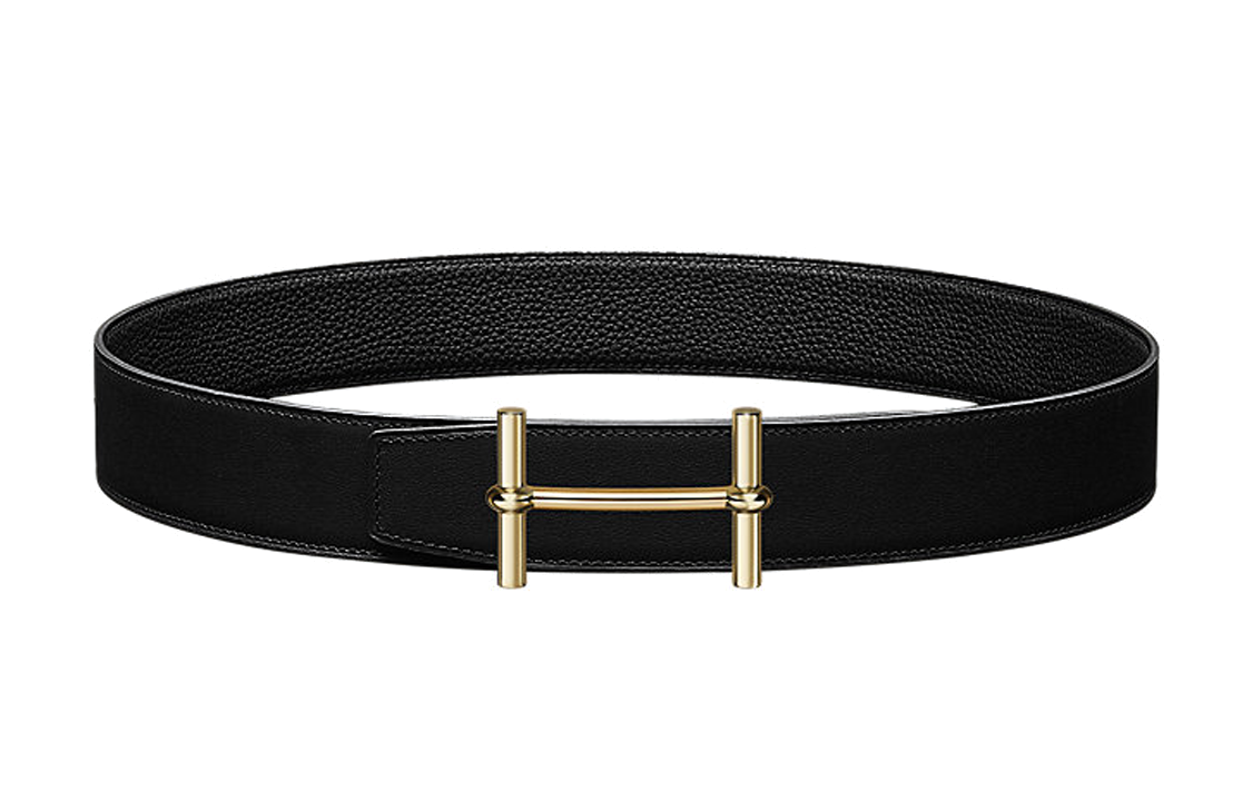 

HERMES Элегантный ремень H D'Ancre Fashion Trend из телячьей кожи Togo с золотой пряжкой, двусторонний, черный, ширина 3,8 см