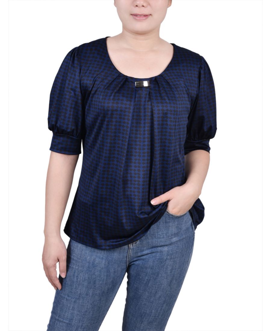 

Укороченный топ с коротким рукавом и рукавами-баллонами NY Collection, Estate Blue Snowpop