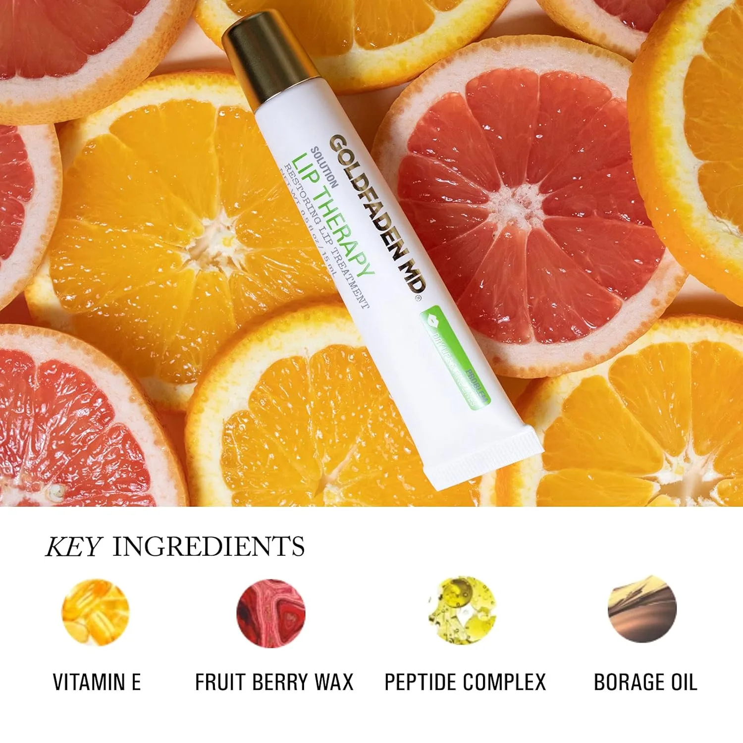 Goldfaden MD Lip Therapy восстанавливающий бальзам для губ с пептидами, гиалуроновой кислотой, фруктово-ягодным воском, маслами бурачника, шиповника и витамином E, питает, увлажняет и визуально увеличивает объем 4 мл Пробник 4,1 мл, White — фото 3