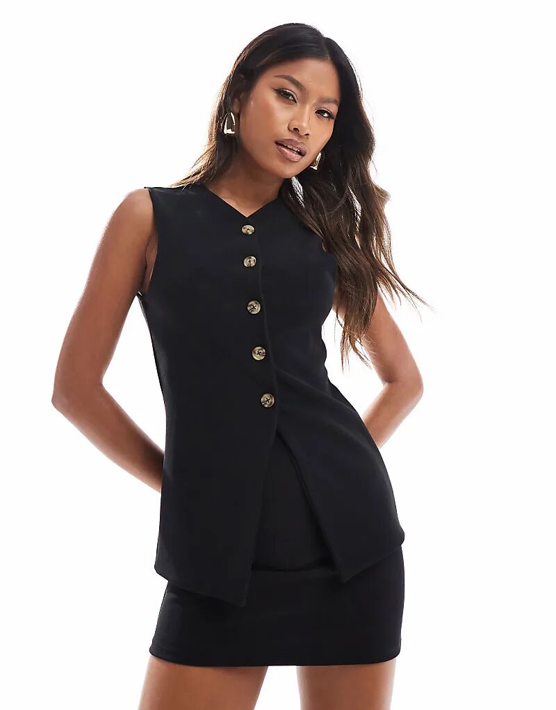 

Удлиненный ребристая жилетка ASOS DESIGN с V-образным вырезом и застежкой на пуговицы, черный цвет