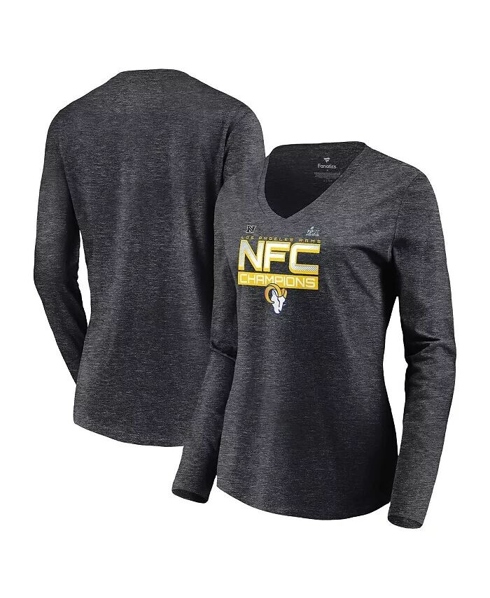 

Женская темно-серая футболка Los Angeles Rams 2021 NFC Champions Iconic с наклонным v-образным вырезом и длинными рукавами Fanatics