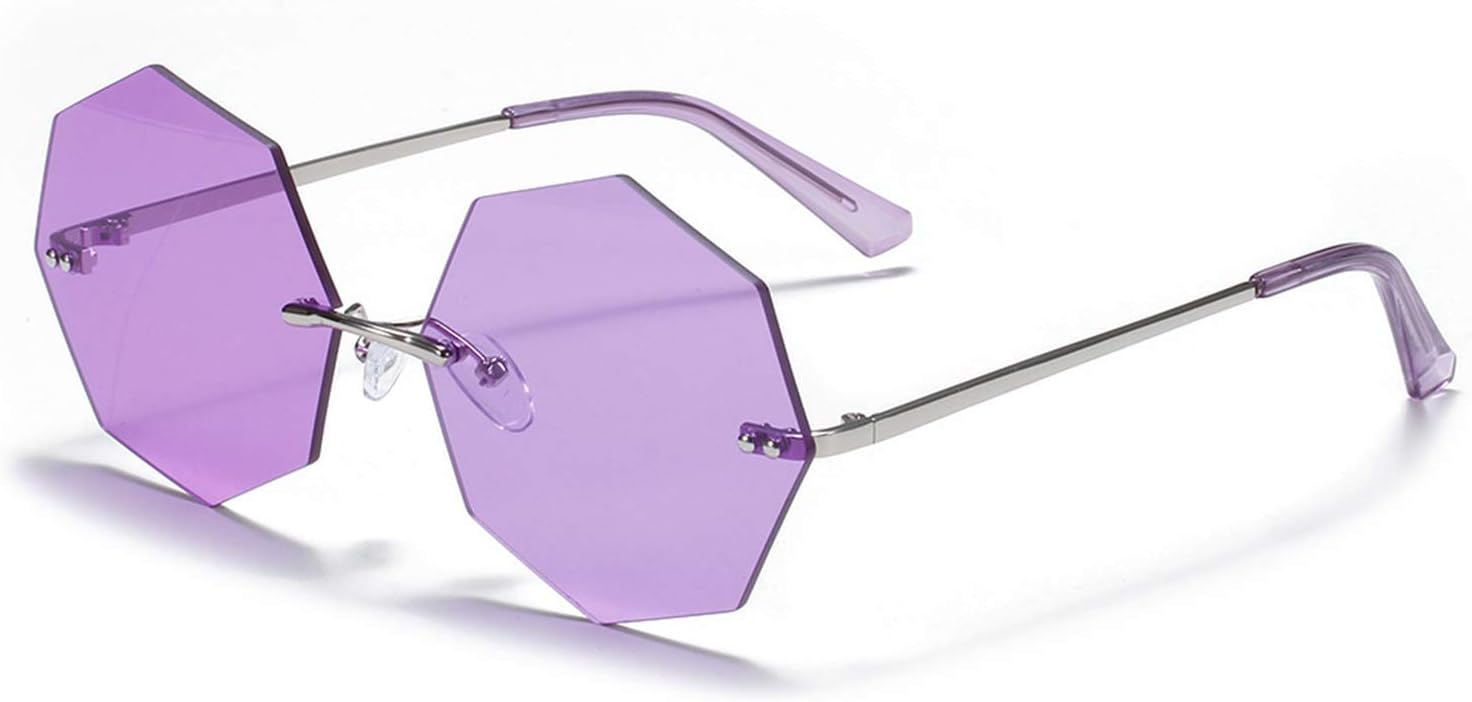 

Солнцезащитные очки Polygon без оправы для женщин, винтажные, с прозрачными цветными линзами, восьмиугольные металлические солнцезащитные очки для мужчин COTIA, Purple