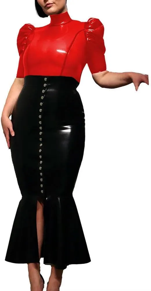 

Женская прозрачная футболка PVC с высоким воротником и короткими рукавами-фонариками LIYIJIEQIANQIU