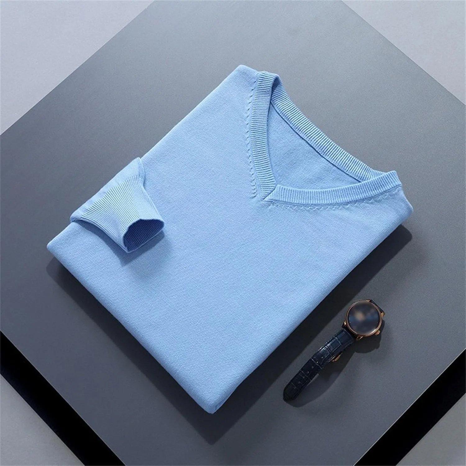 V-образный свитер мужской осенний рифленый трикотаж slim fit с длинным рукавом — фото 3