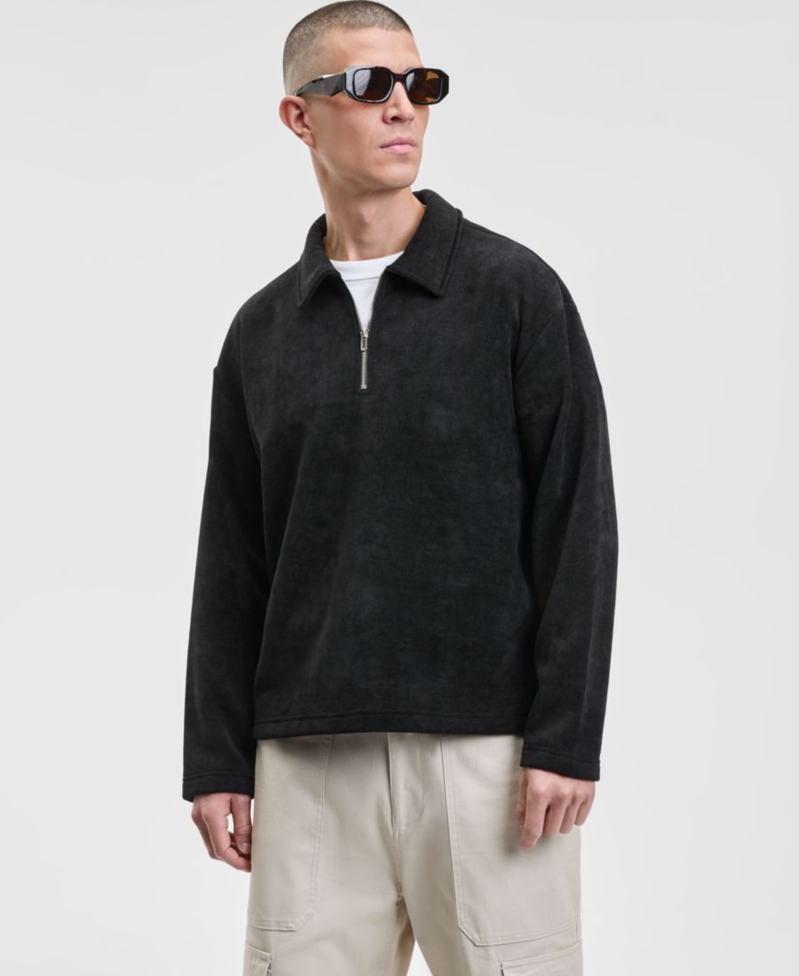 

Мужской мягкий пуловер свободного кроя с длинными рукавами и застежкой-молнией до середины груди, эксклюзивно для Macy's Mode of One, Deep Black