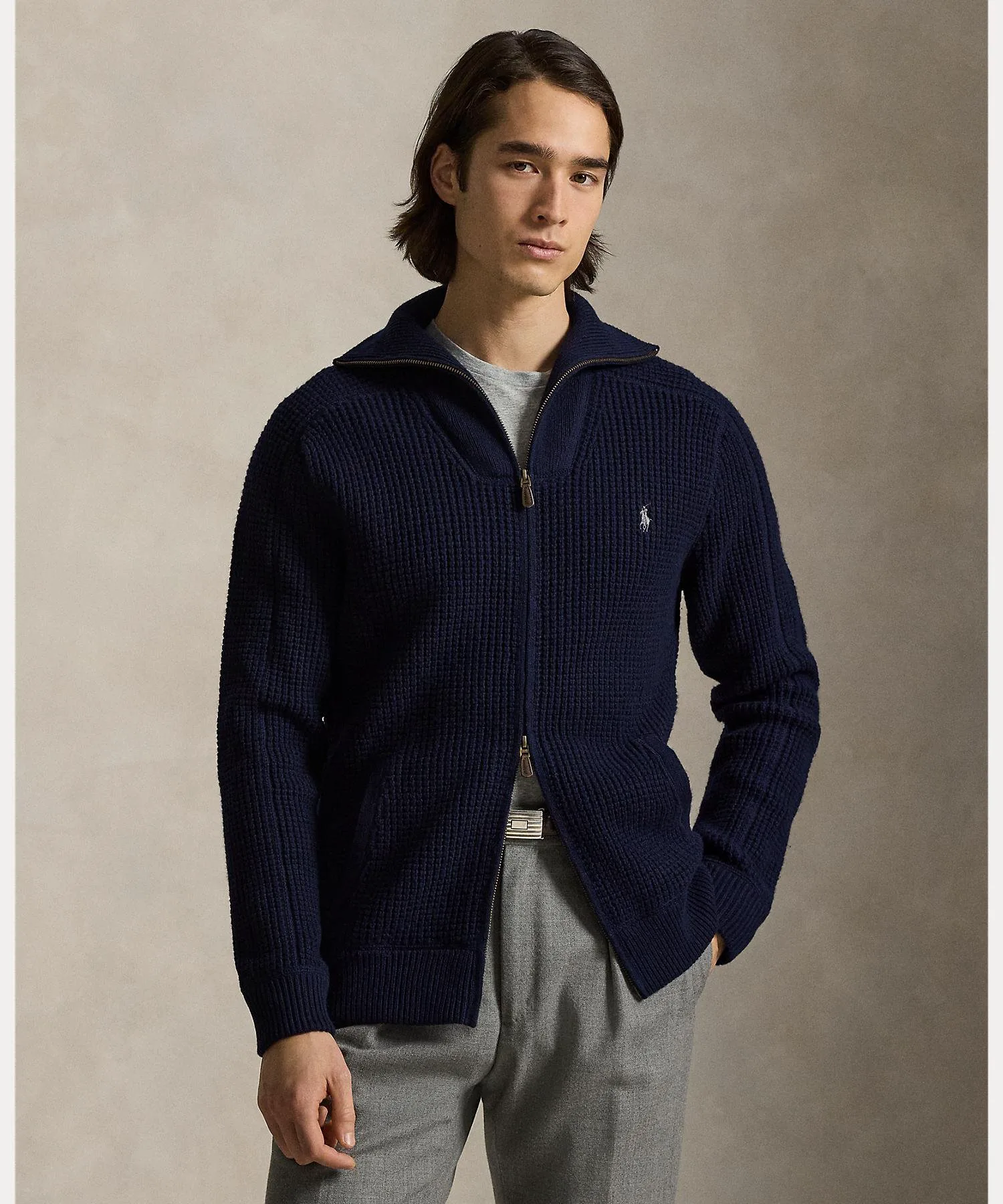 Вафельный свитер из шерсти и хлопка на молнии Polo Ralph Lauren, 400 Blue