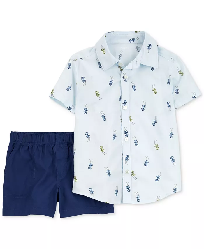 

Детский хлопковый комплект для мальчиков с принтом гоночных машин: рубашка на пуговицах и шорты, 2 предмета Carter's, синий