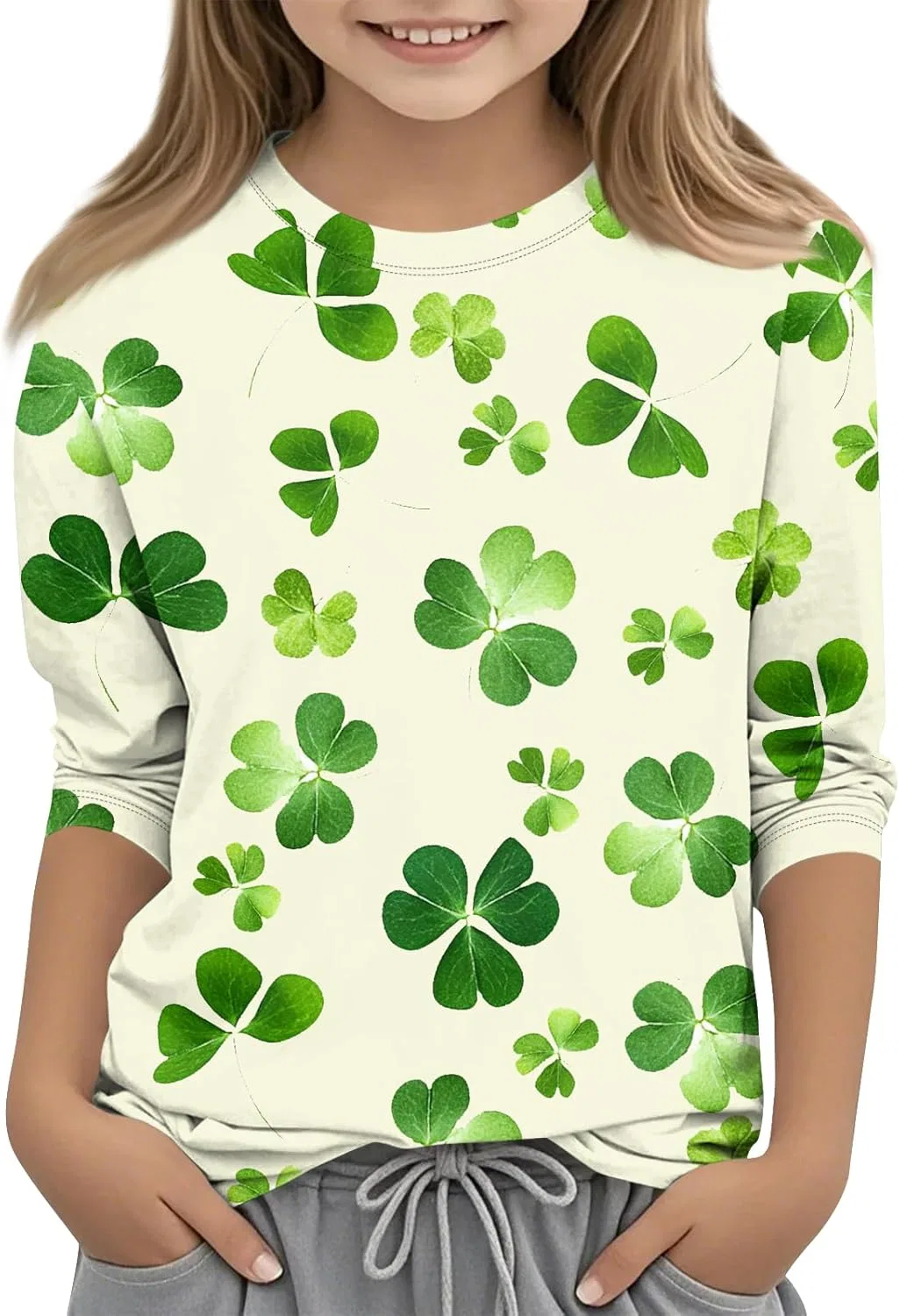 Футболка с принтом St. Patrick's Day, оверсайз, 3/4 рукав, бежевый