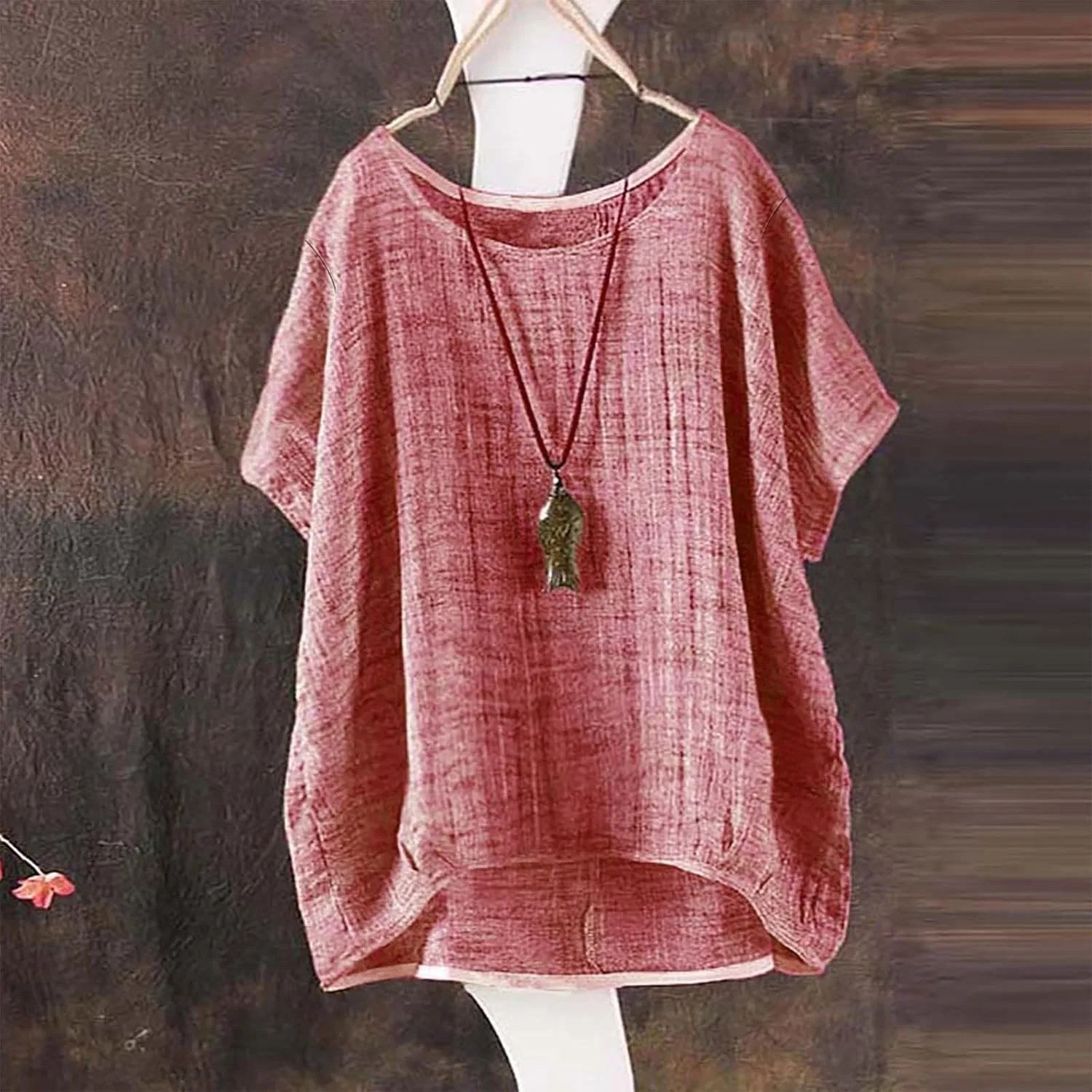 Футболка с круглым вырезом из хлопка и льна, Generic, Hot Pink — фото 3