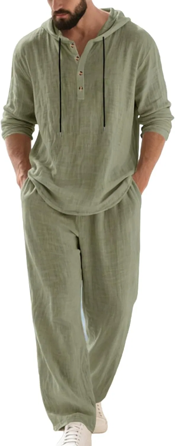 Мужской спортивный костюм из хлопка и льна, Army Green