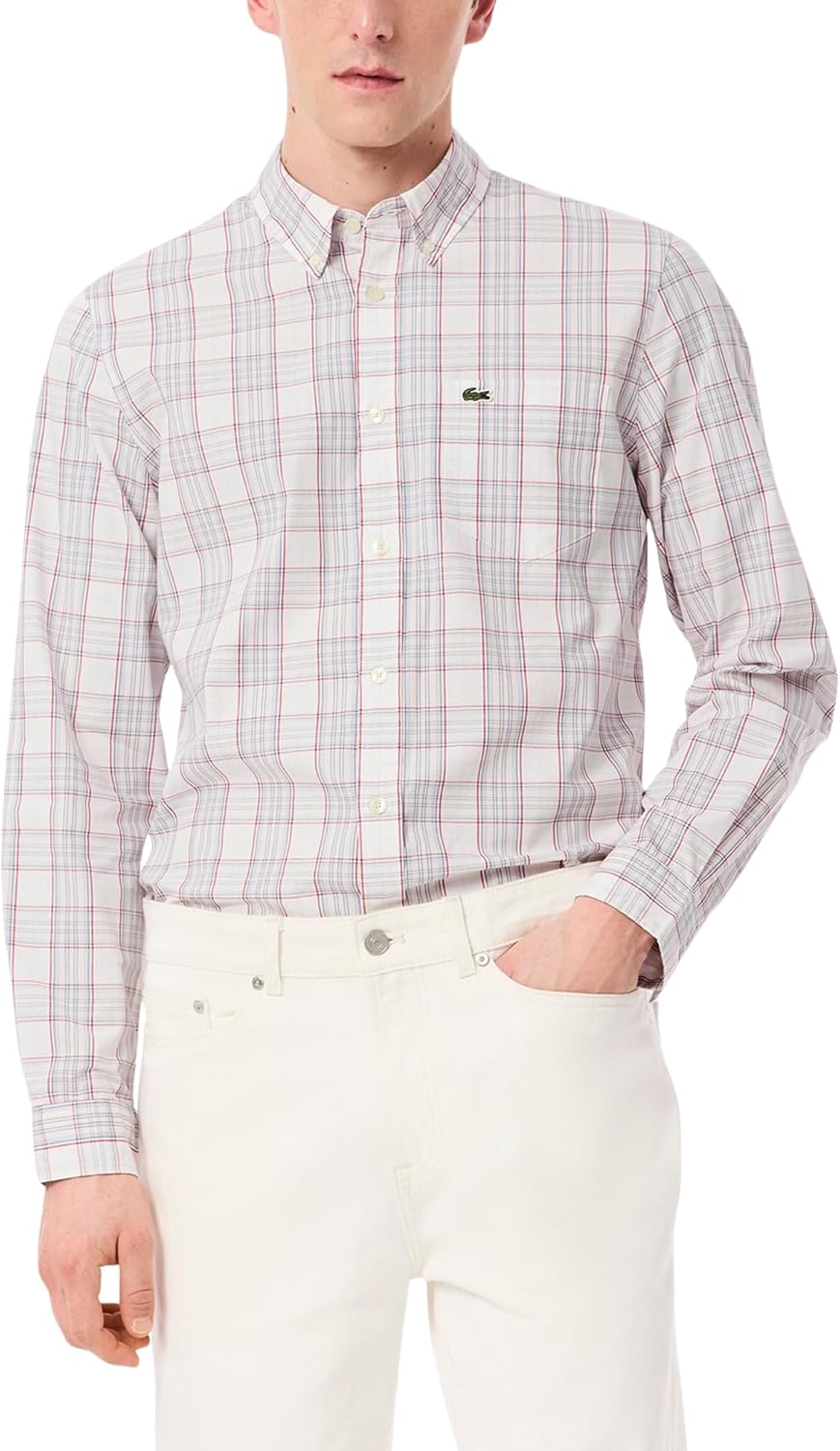 

Мужская рубашка Lacoste в клетку с эффектом стрейч, White, Flamingo, & Red