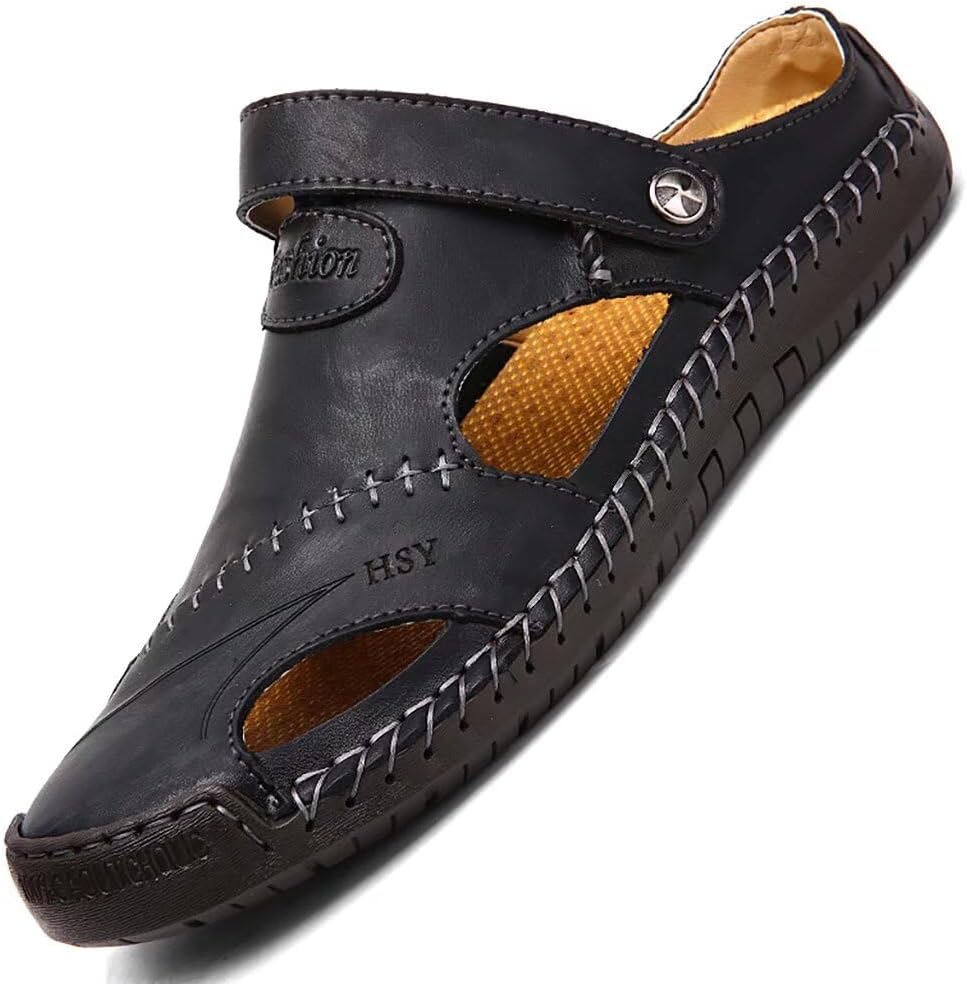 

NANXIN&LOVE Мужские повседневные кожаные сандалии Летние пляжные тапочки Мужская удобная обувь для улицы Модные легкие сандалии для трекинга и воды Регулируемые (двойной способ), черный