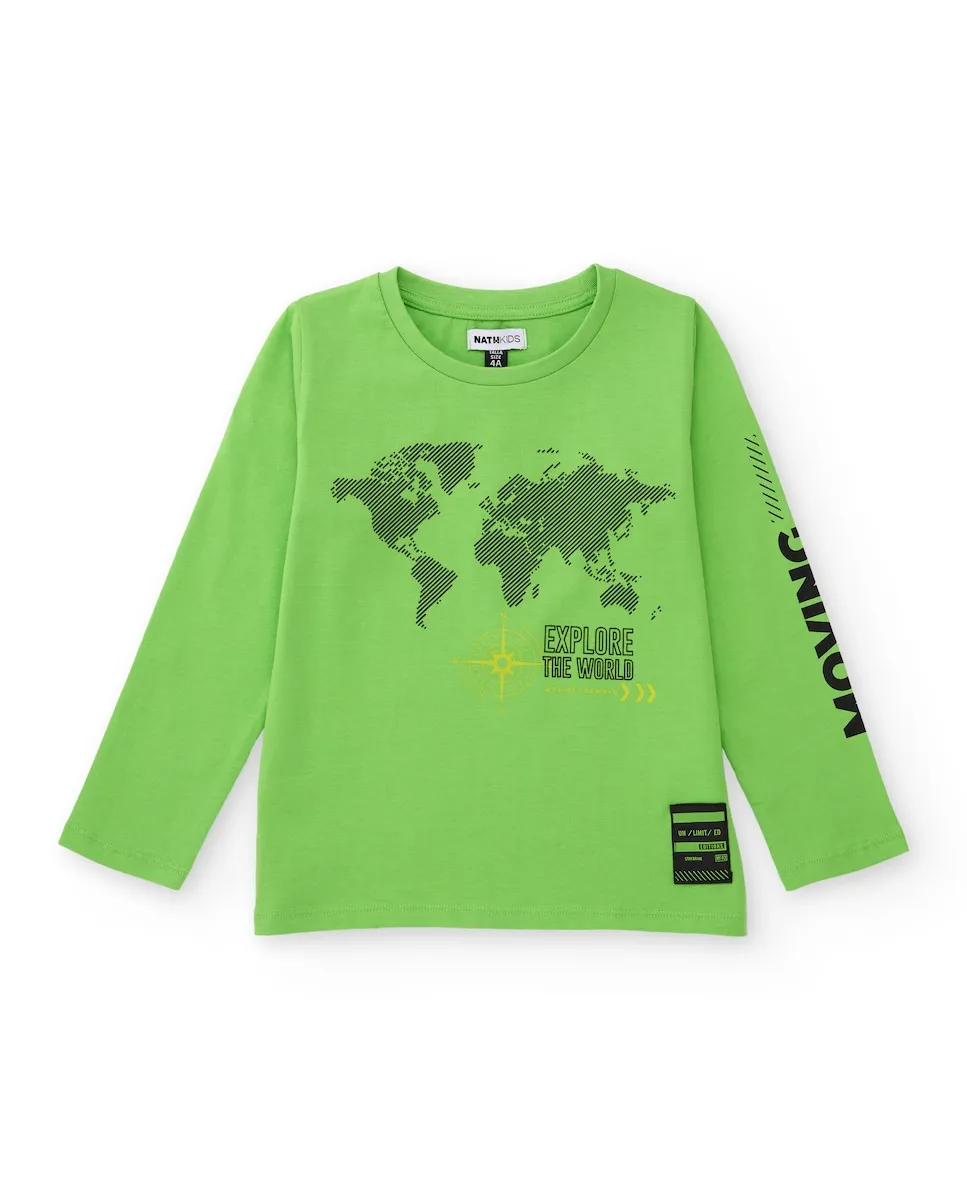 

Зеленая детская футболка с длинными рукавами с рисунком карты мира Tuc tuc