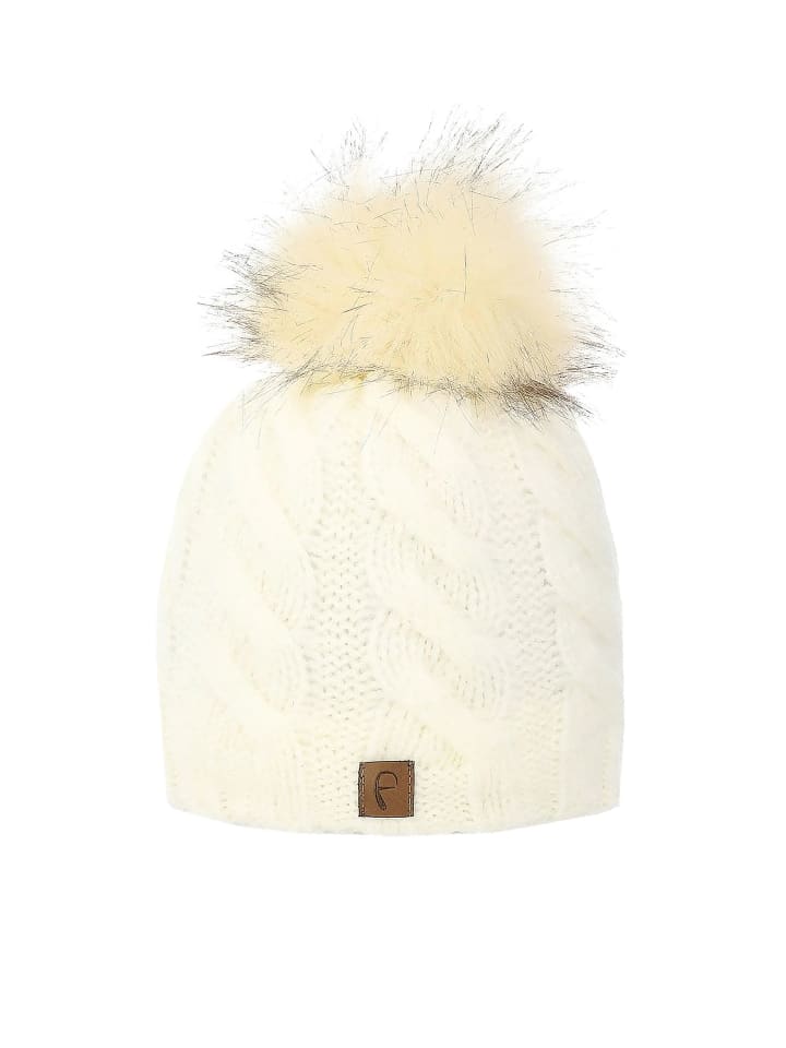 

Шапка Faera Warmes Beanie mit Kunstfell Bommel Zopfmuster, белый