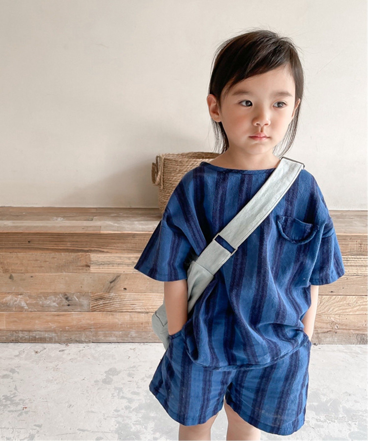Детский корейский комплект одежды /(K) [aimoha-KIDS-] с коротким рукавом в полоску. Aimoha Kids, Navy