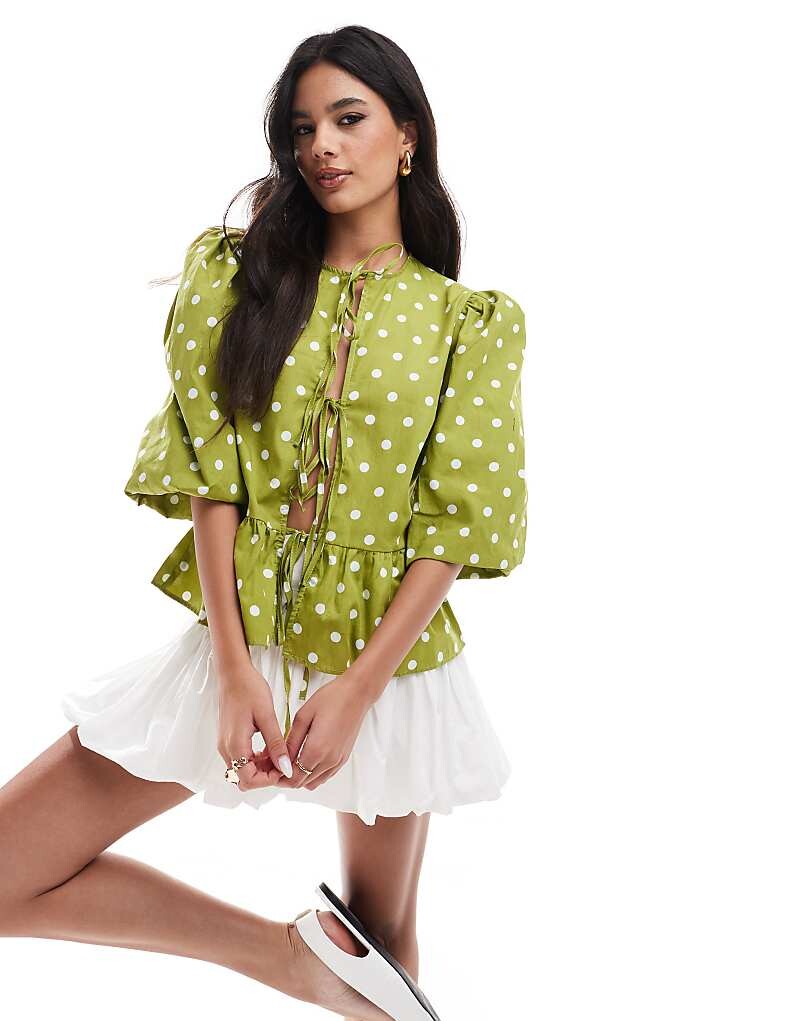 

ASOS DESIGN – Зеленый топ-рубашка из хлопкового поплина в белый горошек